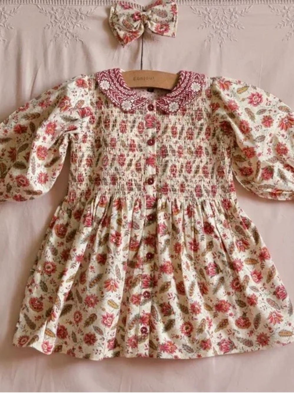Bonjour Floral Smocked Pink Cream Girls Dress Like New